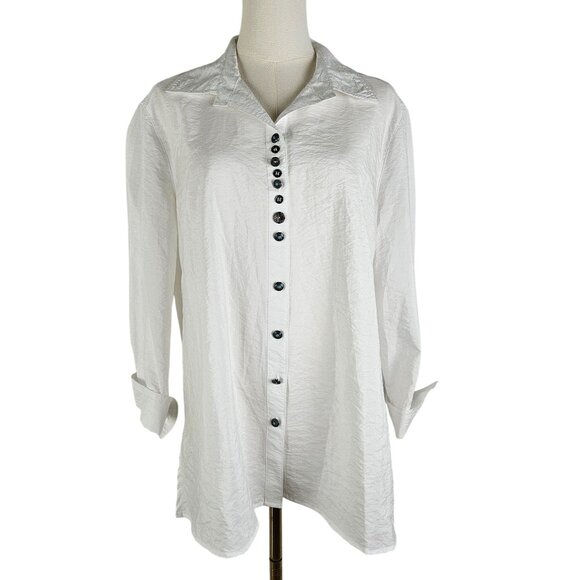 Ali Miles Button-Down Shirt Large White Turquoise Button Detail Boho Crinkle - Picture 1 of 10